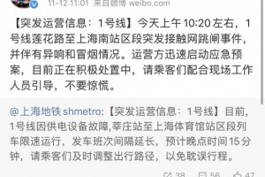 上海地鐵1號線突發故障異響冒煙 接觸網跳閘已恢復
